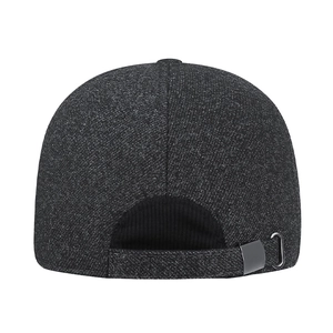 Rear view of winter men's wool baseball cap with adjustable buckle and ear protection