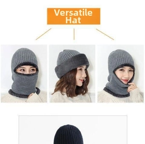 Versatile multi-way wear grey knit hooded neck warmer with thick thermal fleece lining