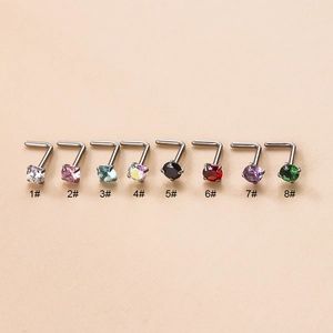Set of eight colorful 3mm round zirconia L-shaped stainless steel nose studs