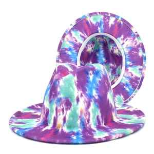 Artistic tie-dye fedora felt hat with colorful digital print in purple and blue tones