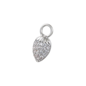 Detailed view of silver strawberry pendant charm inlaid with sparkling cubic zirconia