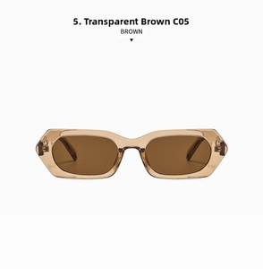 Detail view of transparent tea brown square sunglasses frames with dark lenses C05