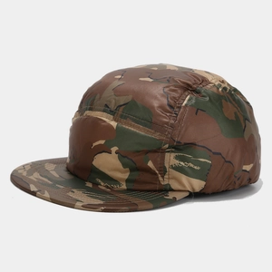 Detailed side view of 5-panel camouflage camper hat in durable synthetic nylon fabric