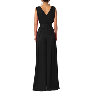 Rear view of sleek black V-neck jumpsuit with high waist and wide-leg trousers