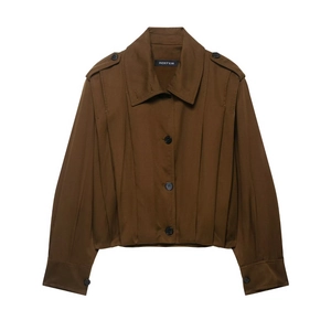 Dark brown utility cropped jacket with shoulder epaulettes and pleated cargo details