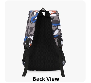 Back view of camouflage backpack showing breathable mesh back panel and padded straps