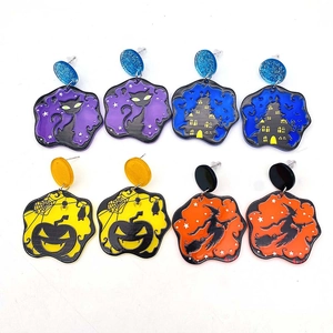Halloween acrylic drop earrings featuring cat, castle, pumpkin, and witch charms