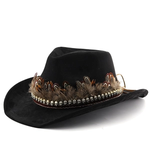 Classic black wide brim cowboy hat with brown feather trim and metallic bead detail