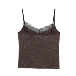 Damen-Top in Braun aus Strick mit eleganter schwarzer Spitze und modischem V-Ausschnitt