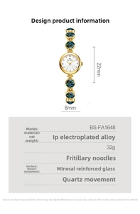 Detail view of gold alloy watch showing 22mm malachite dial and 8mm band specs