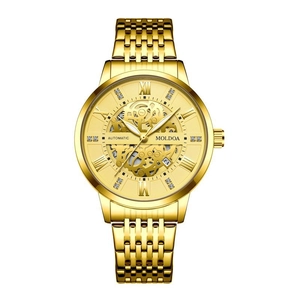 Gold stainless steel skeleton automatic mechanical watch with roman numerals and date display