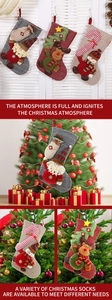 Detail of knitted Christmas stockings with 3D applique hanging by a window and tree