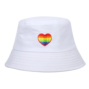 White cotton bucket hat with rainbow heart embroidery, casual sun protection for women
