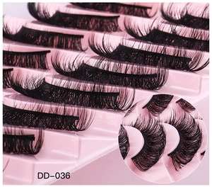 Macro detail of DD-036 10 pairs dense Russian curl synthetic fiber false eyelashes