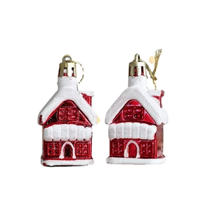 Red Christmas house ornaments with white glitter snow and gold loops for tree decor