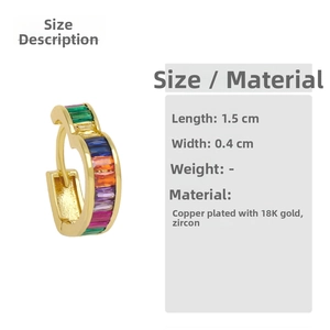 Detail shot of rainbow zircon heart earrings with size 1.5cm by 0.4cm and 18K gold plating