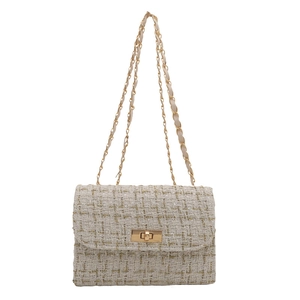 Sac bandoulière élégant en tweed blanc avec chaîne dorée et fermoir rotatif en métal