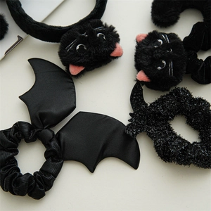 Halloween headband with black cat ears and bat wings satin hair scrunchies set