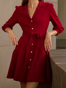 Women Elegant Wine Red Shirt Dress Long Sleeve Lapel Button Down Tie Waist Retro A-Line Mini Dress Solid Color
