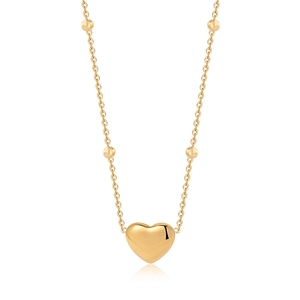Minimalist gold heart necklace with bead chain shown against a clean white background
