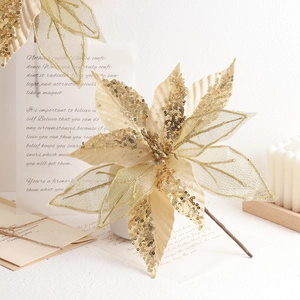 Champagne gold 30cm artificial Christmas poinsettia with sequins for tree decoration