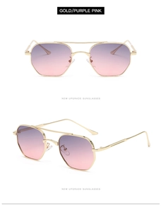Detail of gold metal double bridge sunglasses with purple pink gradient lenses