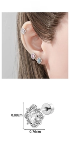 Macro detail of oval zircon flower earrings with screw back design and dimensions