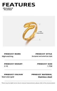 Detailed size chart for the adjustable 18K gold-plated double-headed snake ring