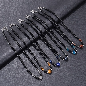 6mm obsidian and tiger eye beaded necklaces with colorful gemstone pendants and T-bar clasp