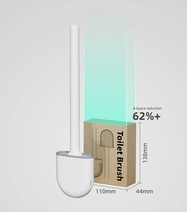 Detailed view of compact toilet brush with packaging showing 62% space saving size