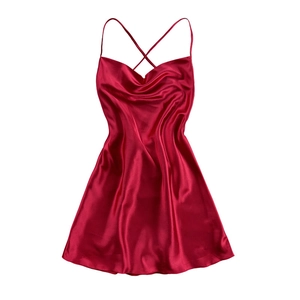 Deep red satin mini slip dress with cowl neck and cross-back straps on white background