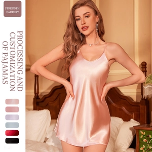 Elegant pale pink silk satin chemise nightgown for women with V-neck and thin straps