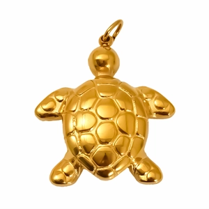 Gold plated stainless steel sea turtle pendant with detailed shell texture on white background