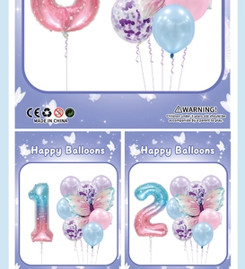 Detailed view of butterfly balloon set with numbered foils and colorful latex balloons