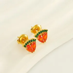 Erdbeer Frucht Ohrstecker 18K Vergoldet Edelstahl Rot Grün Zirkonia Modeschmuck Für Damen