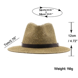 Chapeau de paille pour femme avec bord de 7cm, hauteur 12cm et tour de tête réglable 56-58cm