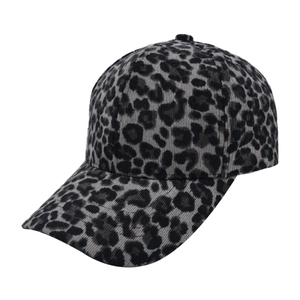 Close-up of leopard print corduroy texture on a curved brim baseball cap design