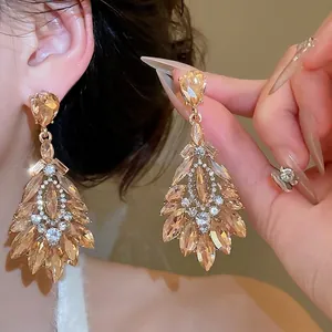 Boucles D'oreilles Lustre Goutte De Luxe Vintage Avec Cristal Champagne Strass Et Tige En Argent Pour Femmes