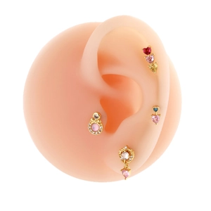 Gold stainless steel stud earrings with colorful zircon butterfly and heart on ear model