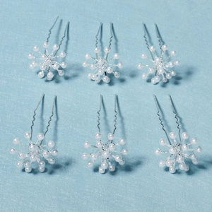 Set of 6 silver bridal hair pins with white pearls arranged in a floral pattern