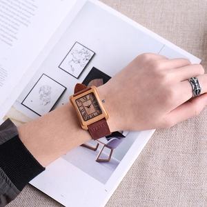 Men's square wooden quartz watch with Roman numerals and brown leather strap