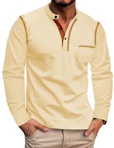 Men's beige Henley shirt featuring contrast stitching and a chest pocket detail