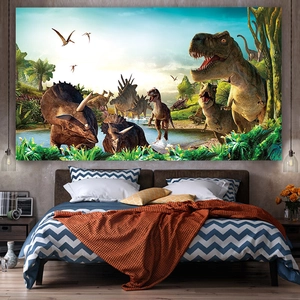 Détail d'une grande tapisserie murale dinosaure avec T-Rex et Triceratops dans une chambre