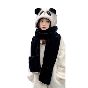 Plush 3-in-1 panda winter set with hood, scarf, and mittens in black and white