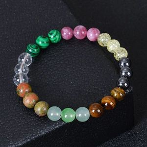 Macro detail of 8mm prosperity bracelet with tiger eye, malachite, and natural stones