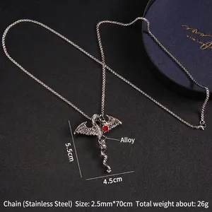 Collier hip hop dragon avec pendentif croix à ailes en cristal rouge et chaîne acier