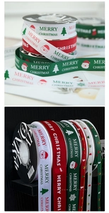 Detail of Merry Christmas printed ribbons in red, green and white on black spools