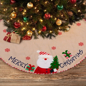 Christmas Tree Skirt Burlap Linen Santa Snowman Applique Holiday Party Decor Merry Christmas Print
