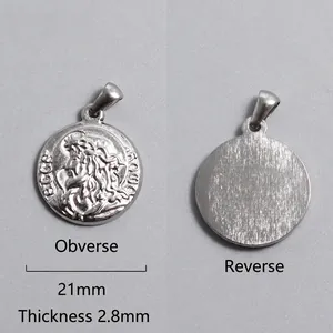 Detailed front and back views of 21mm silver Roman coin pendant with embossed Jesus figure