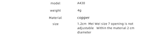 Detailed size chart for Copper Ring A430 featuring 4g weight and size 7 diameter